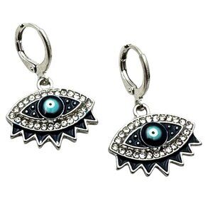 Evil Eye Blue Enamel Silver Tone Pierced Chandelier Earrings 1 Inch New
